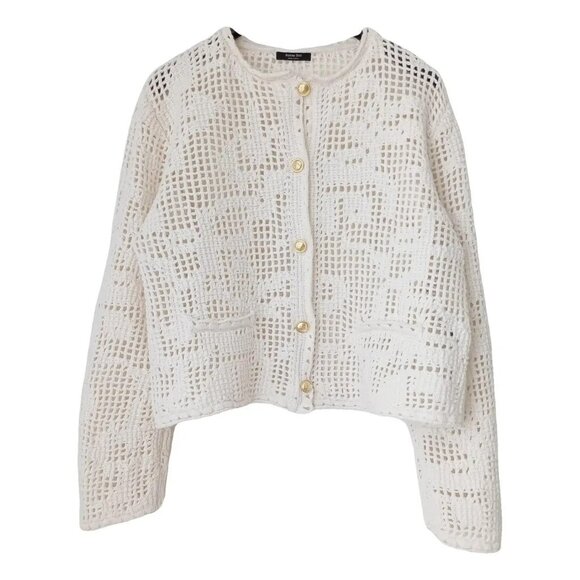 Massimo Dutti Women Sweater S Cream Crochet Cardigan Gold Buttons 5643/606 NWT - Picture 1 of 15